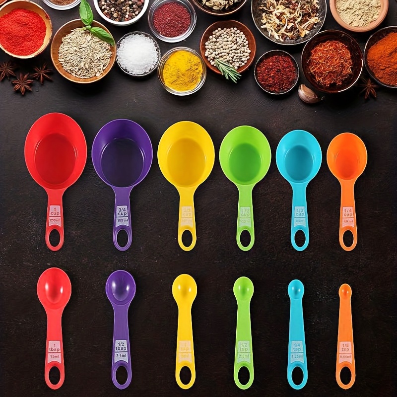  Measuring cups and spoons set of 12, Plastic Colorful Measuring  Cups Meausuring Spoons Stackable for Measuring Dry and Liquid Ingredients  Great for Baking and Cooking(Random Color): Home & Kitchen