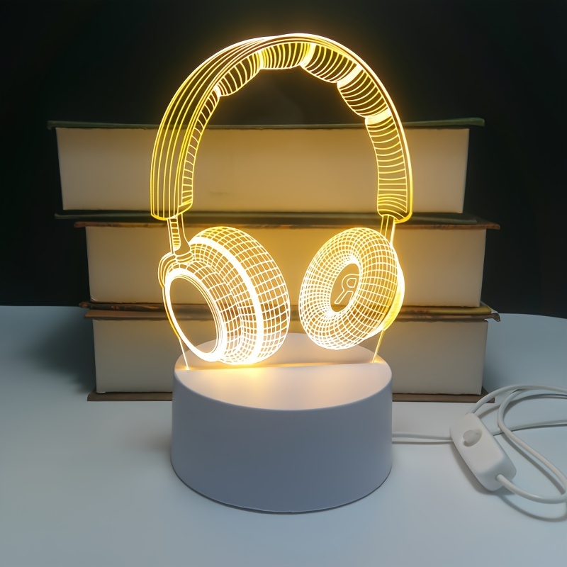 

3d Night Light Headphones Design Monochrome Warm Light