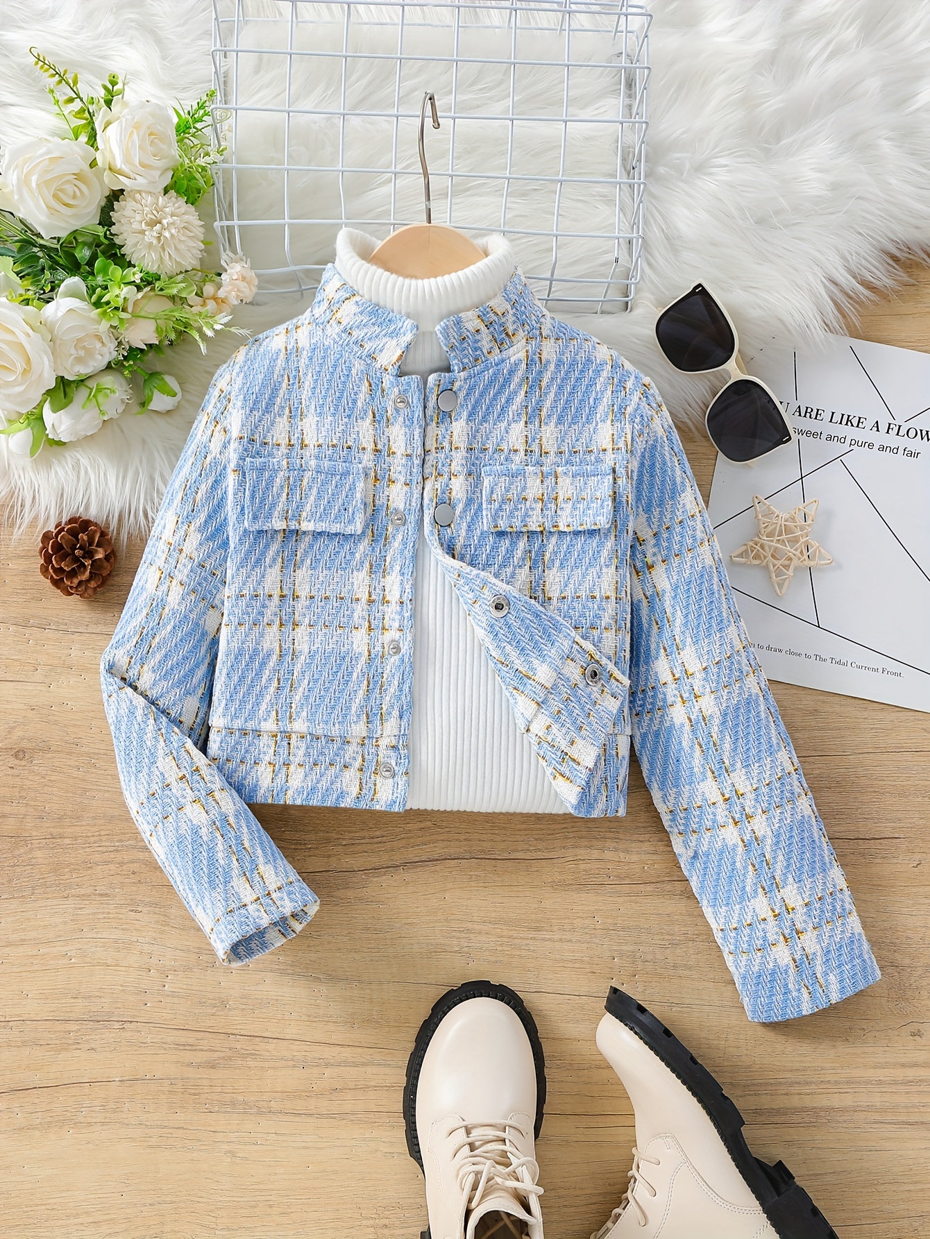 Girls Casual Chic Stand Collar Composite Plaid Jackets - Temu