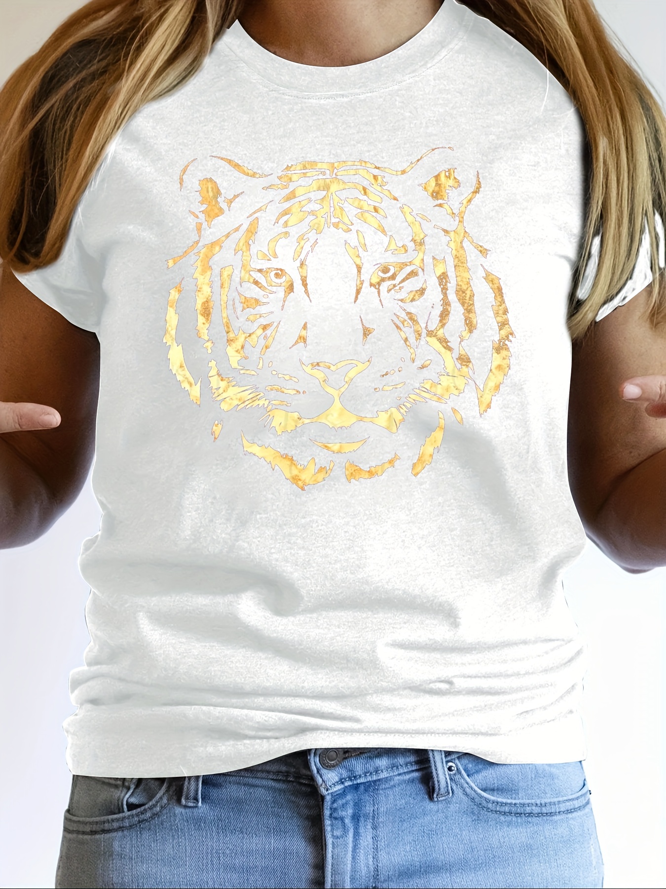 Tiger Print Crew Neck T-Shirt, Casual Short Sleeve Top For Spring & Summer,  Women's Clothing