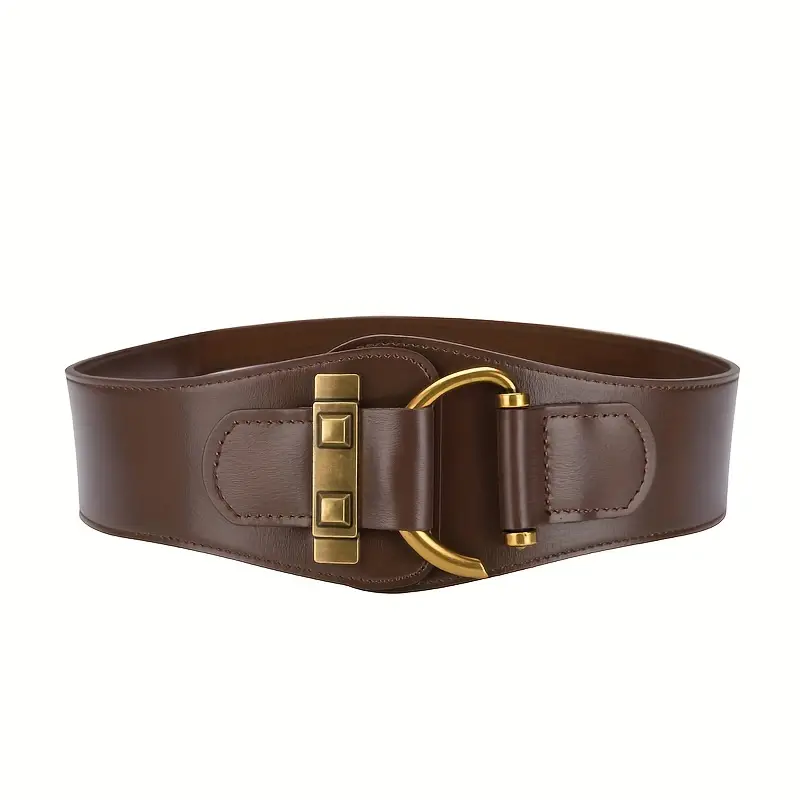 Vintage Leather Wide Belt Solid Color Classic Buckle Elastic