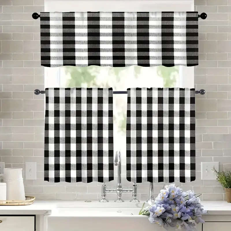 Valanc Cafe Curtains Tiers Simple Plaid Pattern Kitchen Temu