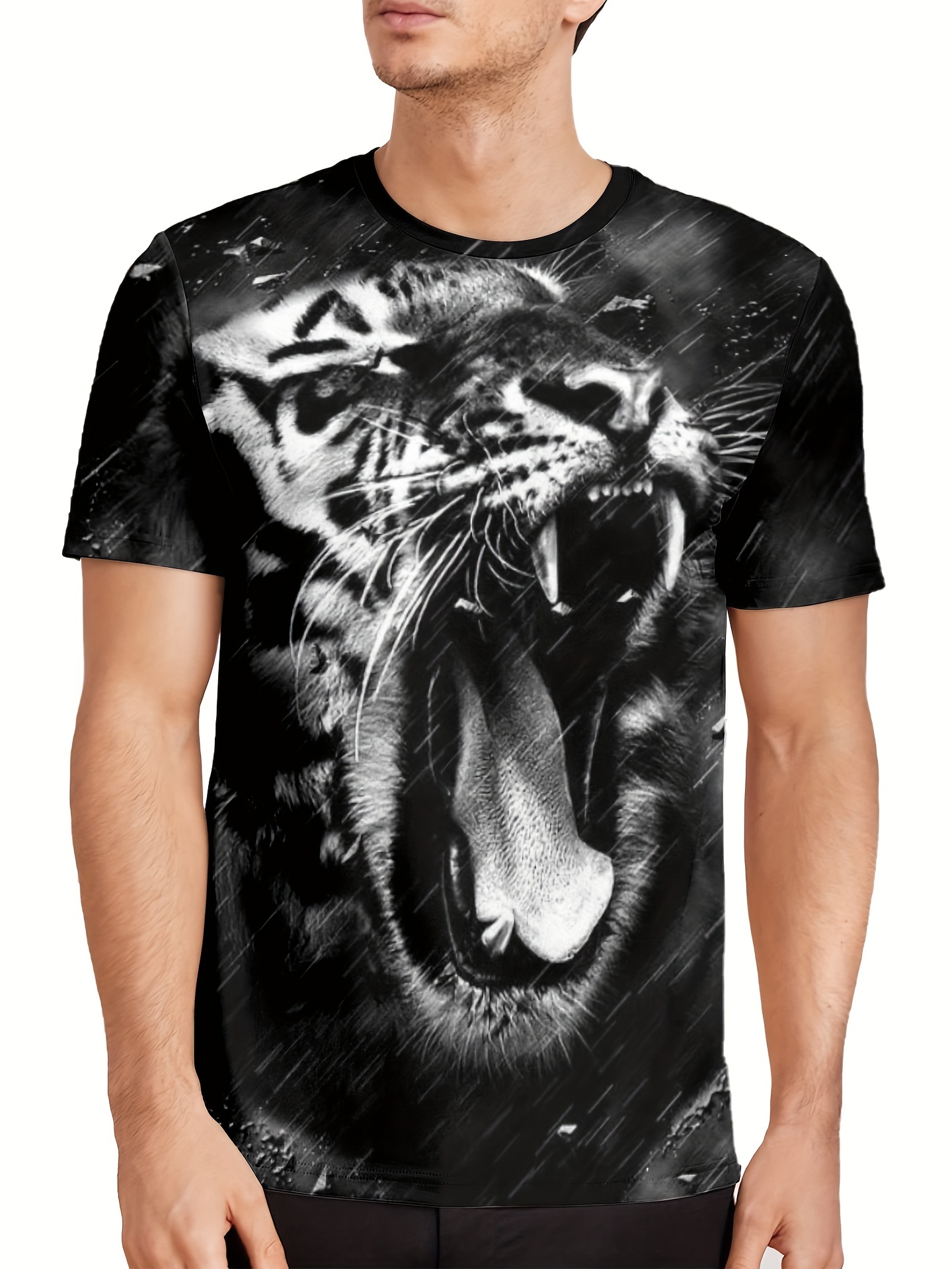 Temu 3D Tiger Print, Men's Graphic Design Crew Neck Novel T-Shirt, Casual Comfy Tees Tshirts for Summer, Men's Clothing Tops for Daily Vacation Resorts