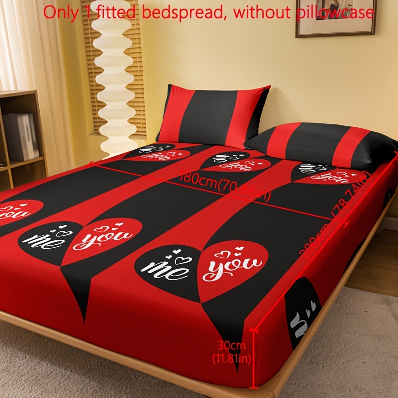 Image of 1pc Easy Geometric English Letter Love You Pattern Printed Brushed Bed Skirt, Bedroom Printed Bed Cover, Mattress Cover, Mattress Protector, Dust Cover, Bedding (pillowcase Not Included)