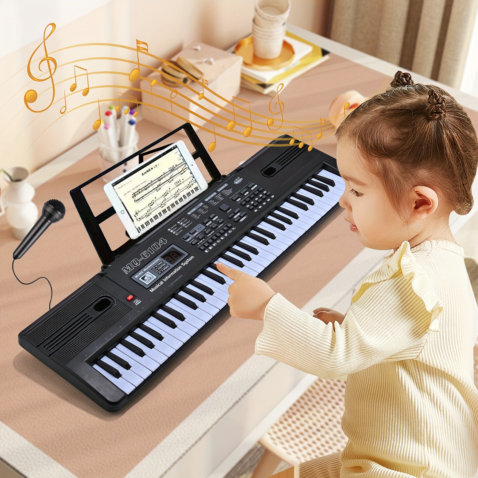 61 Key Keyboard Piano, Electric Piano Music Keyboard with Teaching Mode,  Microphone, Sheet Music Stand and Power Supply, portable keyboard piano for