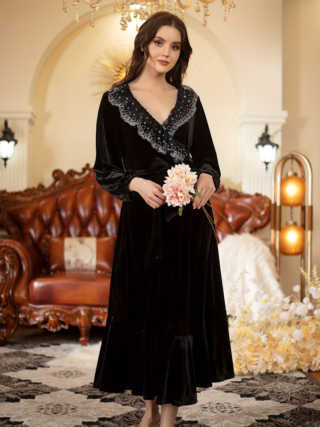 Black Velvet Lace Trim Night Dress, Womens Night Dresses