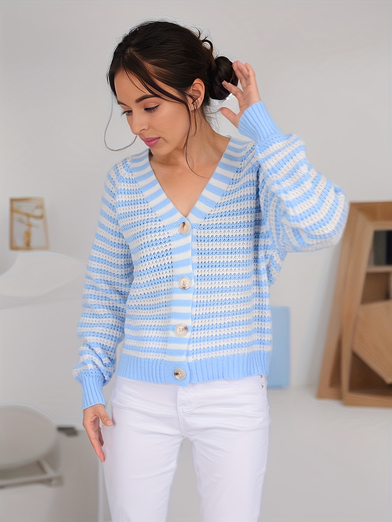 Striped V Neck Button Up Cardigan, Casual Long Sleeve Sweater For