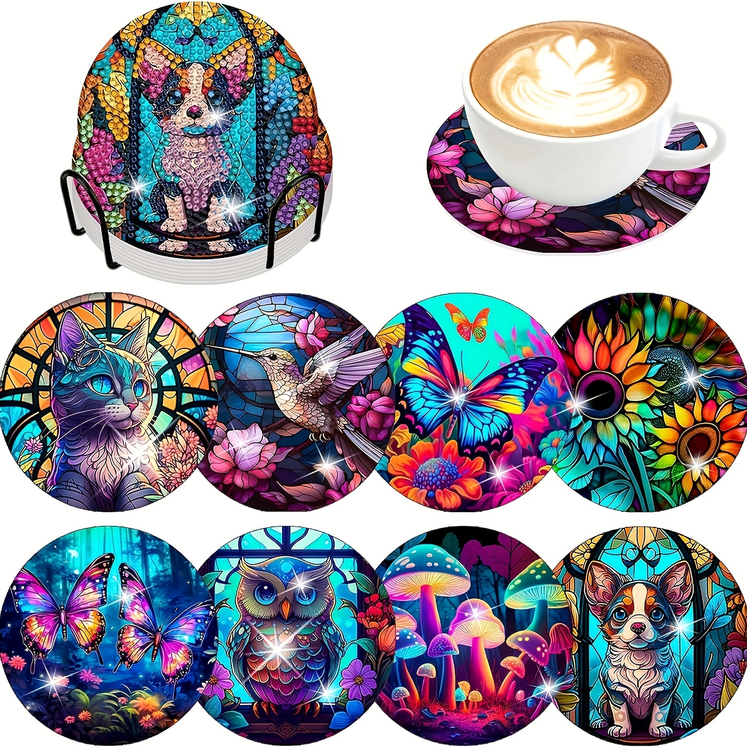  8PCS Animal Diamond Painting Coasters Kit, Shield Shape Diamond  Painting Coasters with Holder, DIY Drink Coasters with Cork Base Diamond  Painting Coasters Kit for Adults Kids Beginners (Animal)