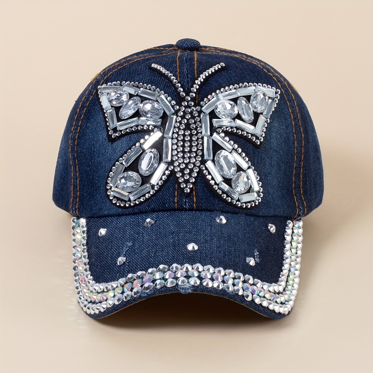 Denim Washed Baseball Cap Butterfly Feather Patch Distressed Casual Dad Hats