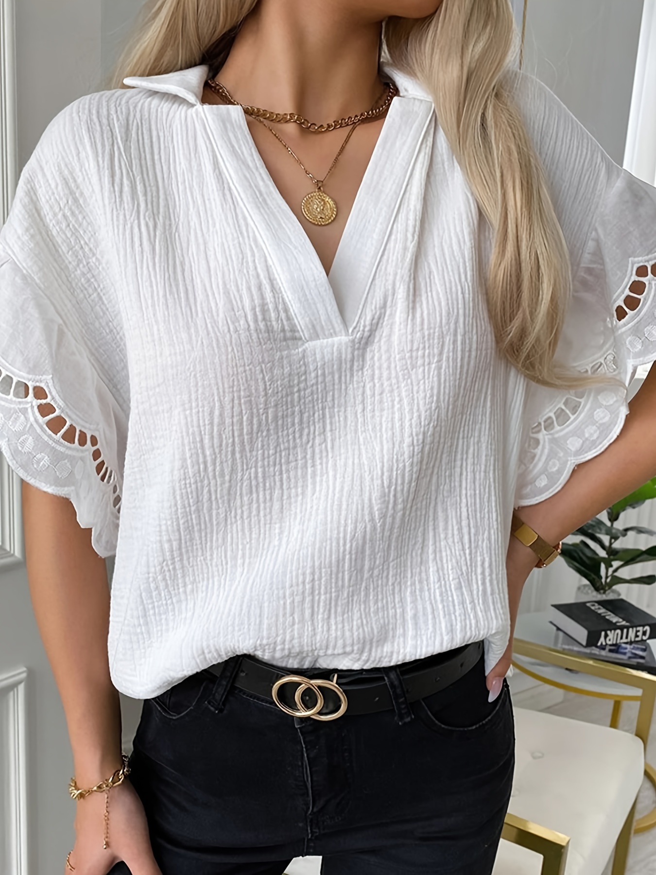 Lace V Neck Loose Shirts Casual Waist Simple Long Sleeve - Temu