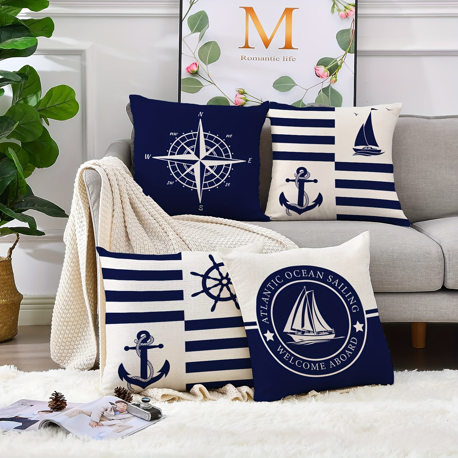 

4 Pcs Nautical Polylester Linen Throw Pillowcases Blue Series 18x18 Inch Sailboat Compass Anchor Memorial Decorative Cushion Cover Bedroom Without Pillow Core
