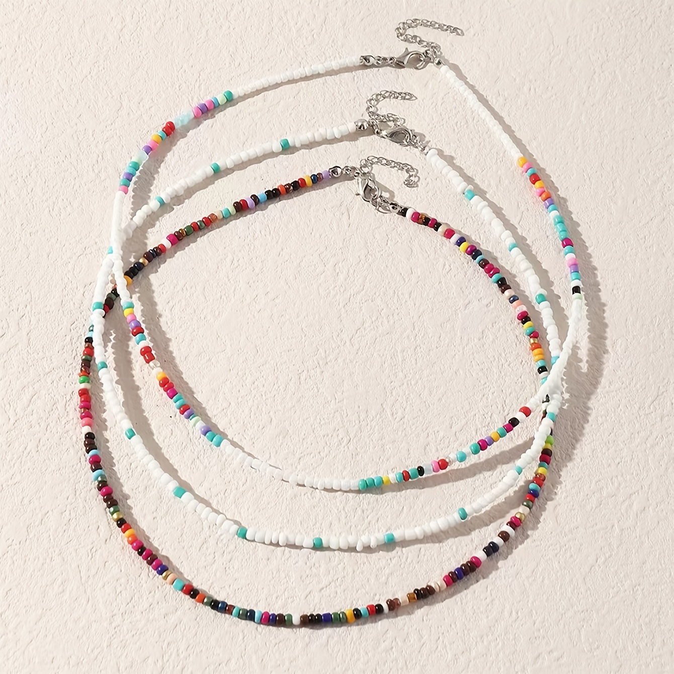 3pc Boho Colorful Rice Beads Stacking Necklace Set