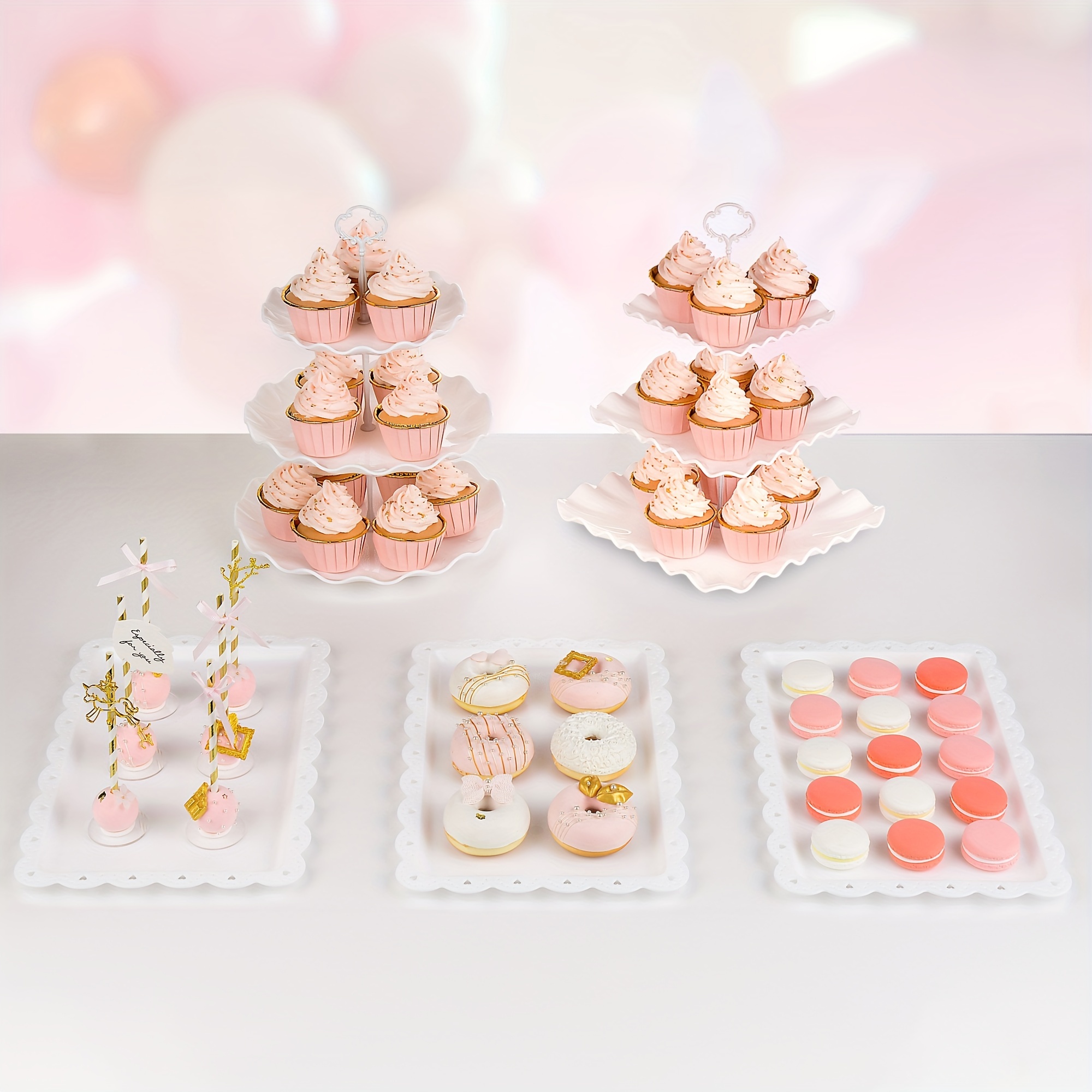 

5pcs, Cupcake Dessert Stand Set With 3-tier Square Cupcake Stands +3-tier Round Cupcake Stands+ 3x Appetizer Trays Perfect For Wedding Birthday Baby Shower Tea Graduation Party