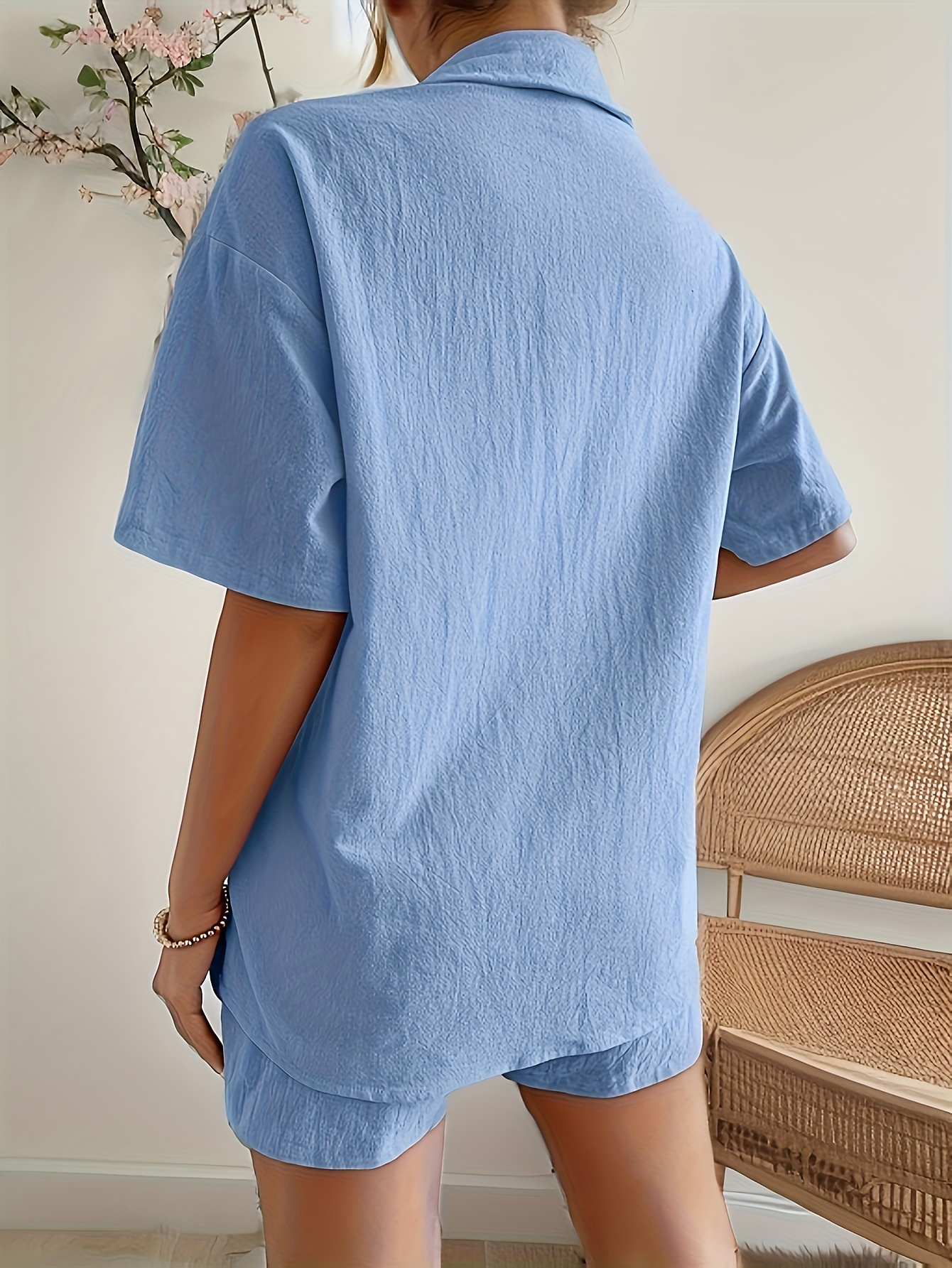 Solid Textured Two piece Set Collar Pocket Short Sleeve - Temu