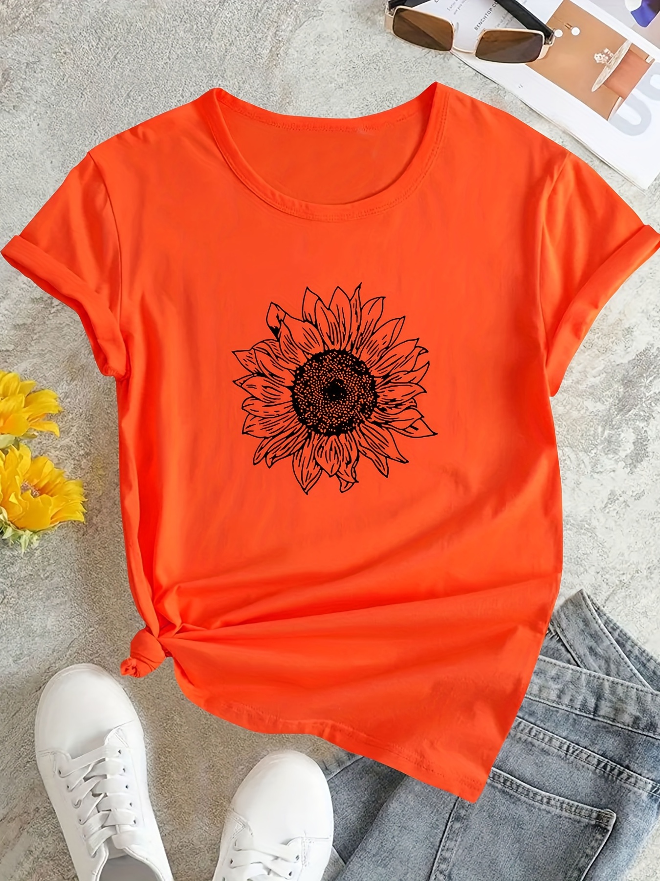 Zpanxa Womens T Shirts Women Summer Landscape Floral Print Casual Loose  V-Neck Short-Sleeved T-Shirt Womens Workout Tops Shirts Orange L 