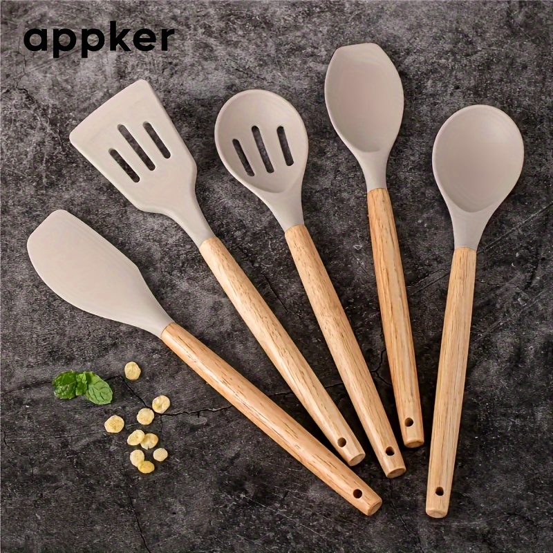 

5pcs Silicone Utensil Set, Kitchen Utensil Set, Safety Cooking Utensils Set, Non-stick Cooking Utensils Set With Wooden Handle, Washable Modern Cookware, Kitchen Stuff, Kitchen Gadgets, Kitchen Essent