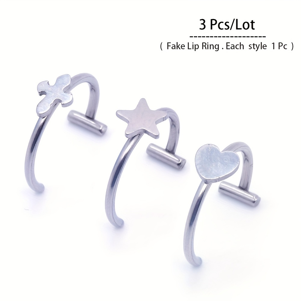 Love Heart Cross Smooth Round Head Anti-allergy Stainless Steel Lip Ring Fake Piercing Body Jewelry (each Style 1pc)