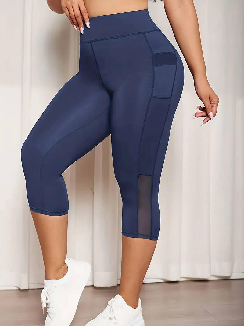 Plus Size Sports Capri Pants, Women's Plus Solid High Rise Slim Fit Running  Yoga Capri Leggings With Phone Pockets