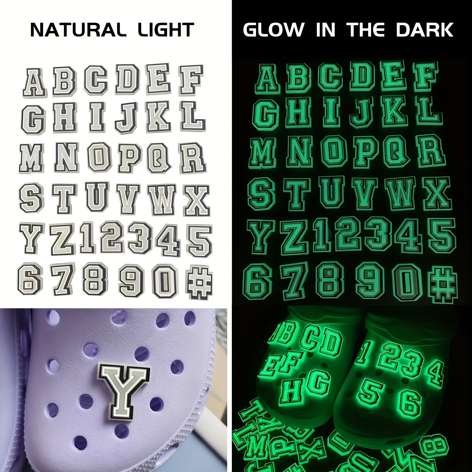 37pcs Glowing Letters Shoe Charms for Croc Shoe Luminous Numbers