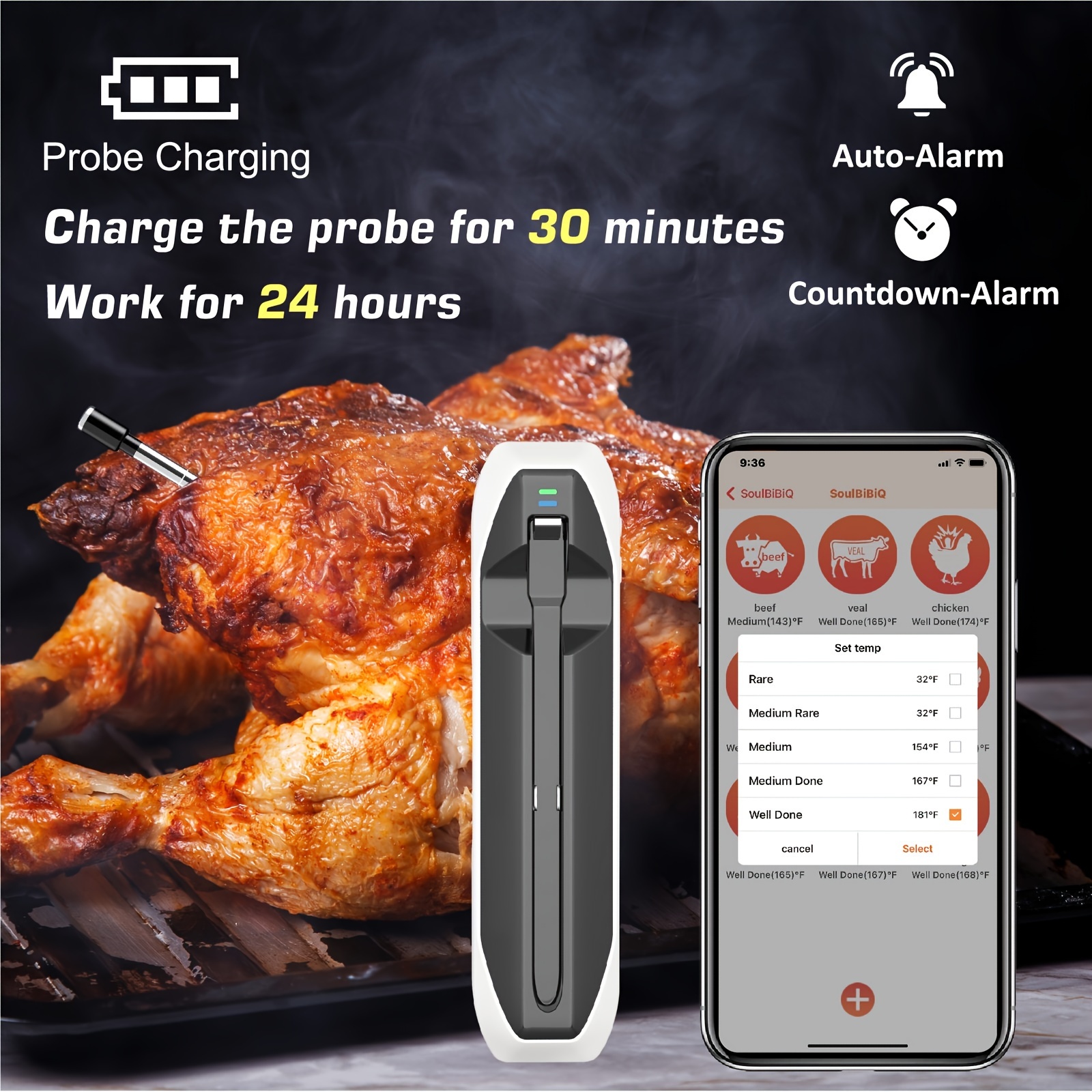 Therye.com-Sonde de cuisson numérique sans fil, Bluetooth, viande,  barbecue, nourriture, cuisine, four, gril