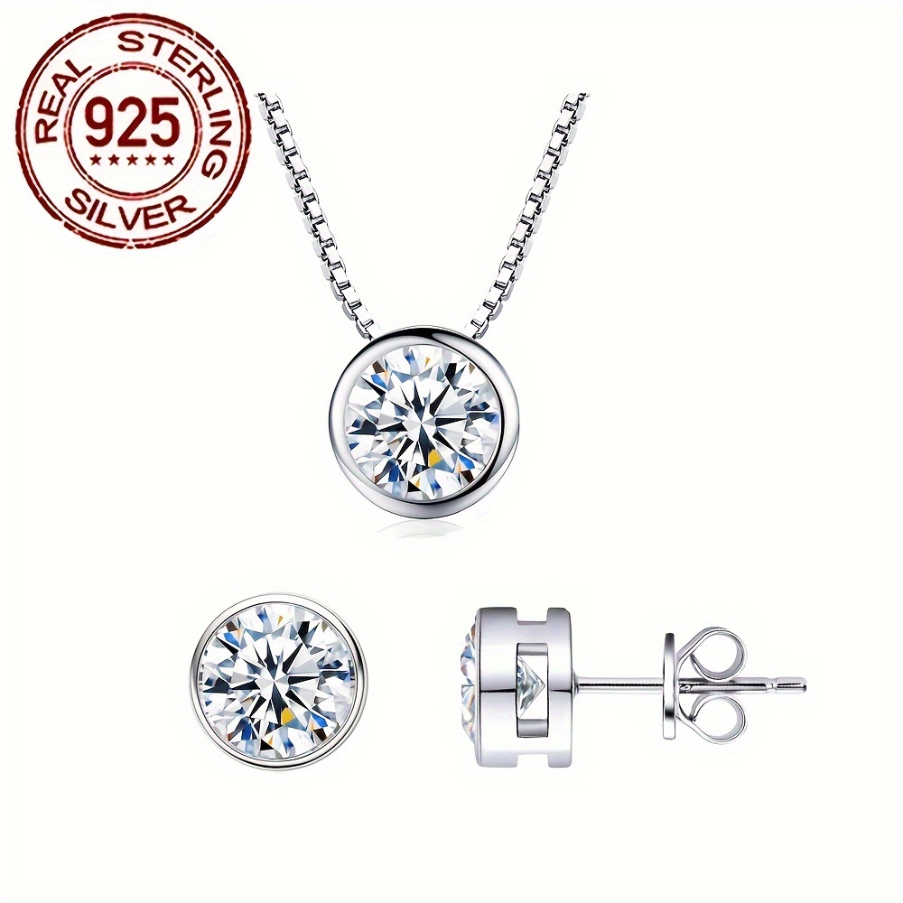 

1 Pair Of Ear Studs + 1 Necklace 925 Sterling Silver Jewelry Set Paved Shining Zirconia Hypoallergenic Accessories Match Daily Outfits Party Accessories Gift For Her