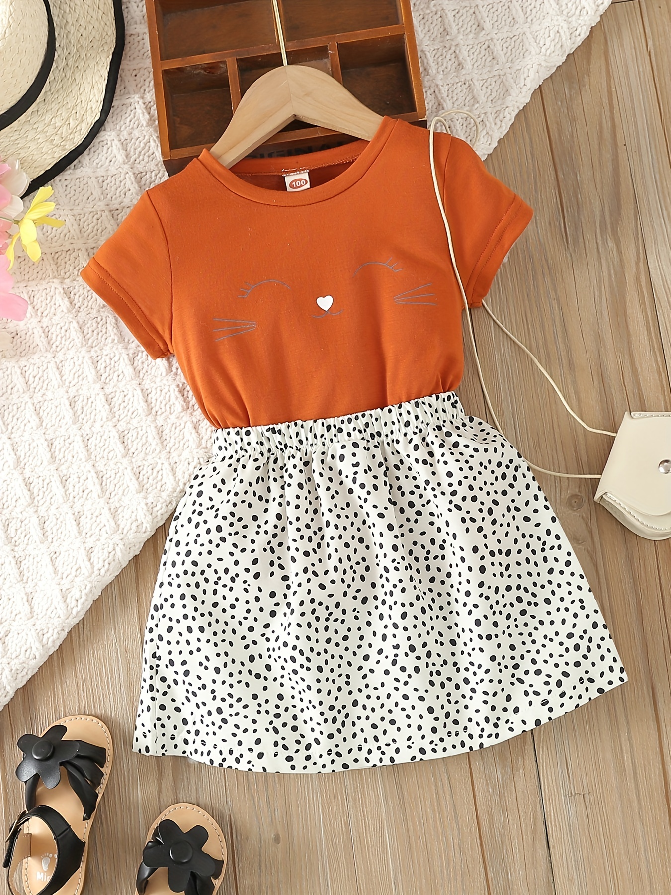 2pcs Toddler Girl Cat Kitty Print Short-sleeve Grey Tee and Polka dots Mesh Skirt Set