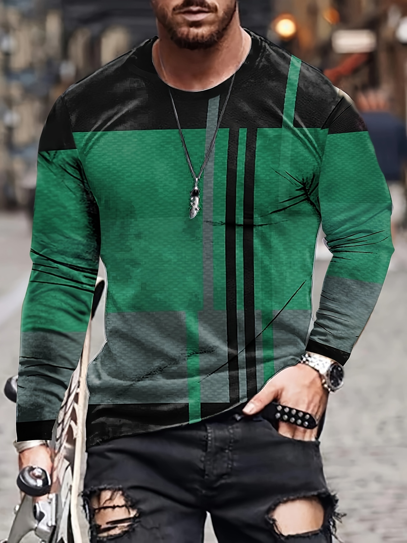 Men's Color Block Long Sleeve Novelty T shirt Stylish Tees - Temu