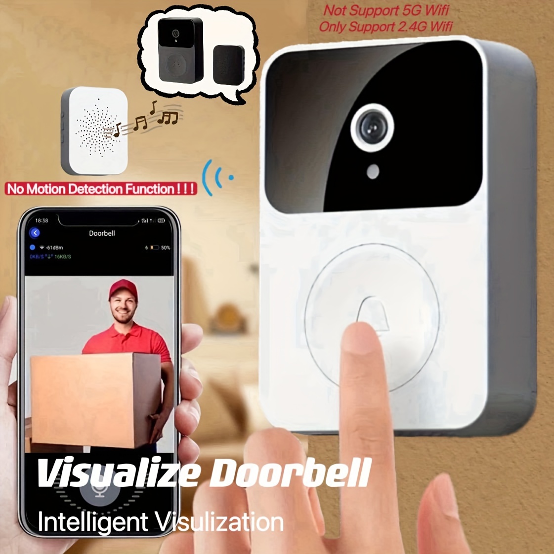 Wireless Video Doorbell Camera, Wifi Video Ring Bell Smart Doorbell with  Chime, Night Vision Home Security Camera Door Bell Kits with HD Video, Free