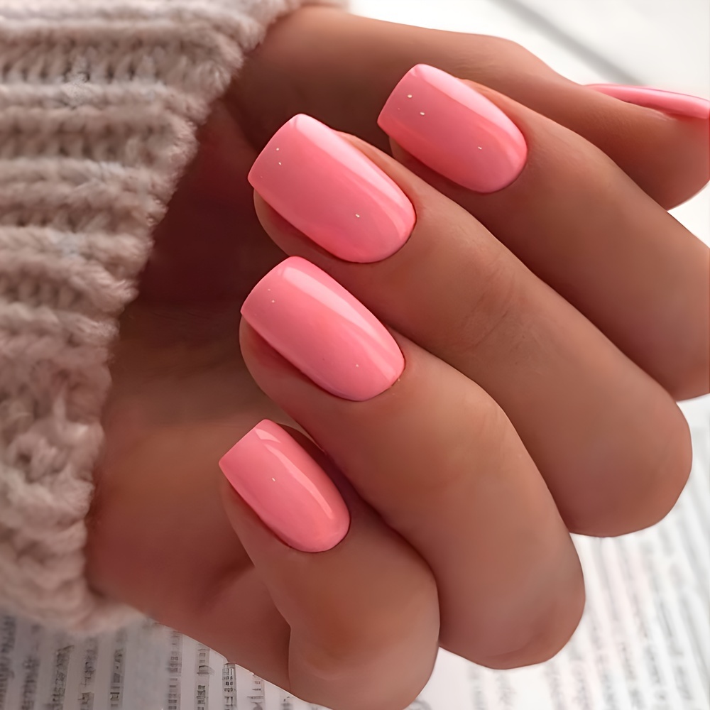 

24pcs de Clous à Ongles Portables de Couleur Unie Rose à Tête Plate Moyen-Longue et