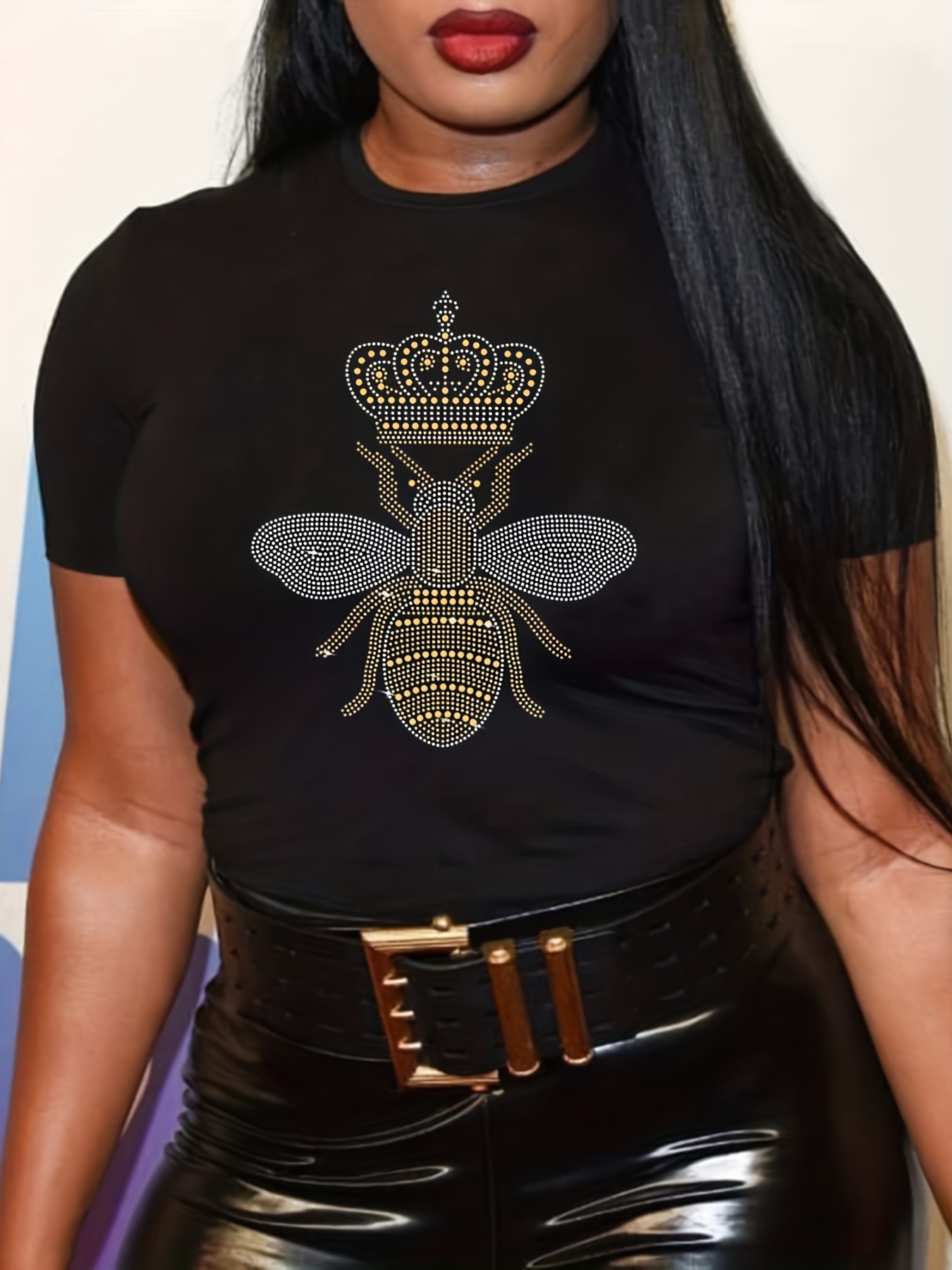 Plus Size Casual T shirt Women's Plus Rhinestone Bee Crown - Temu