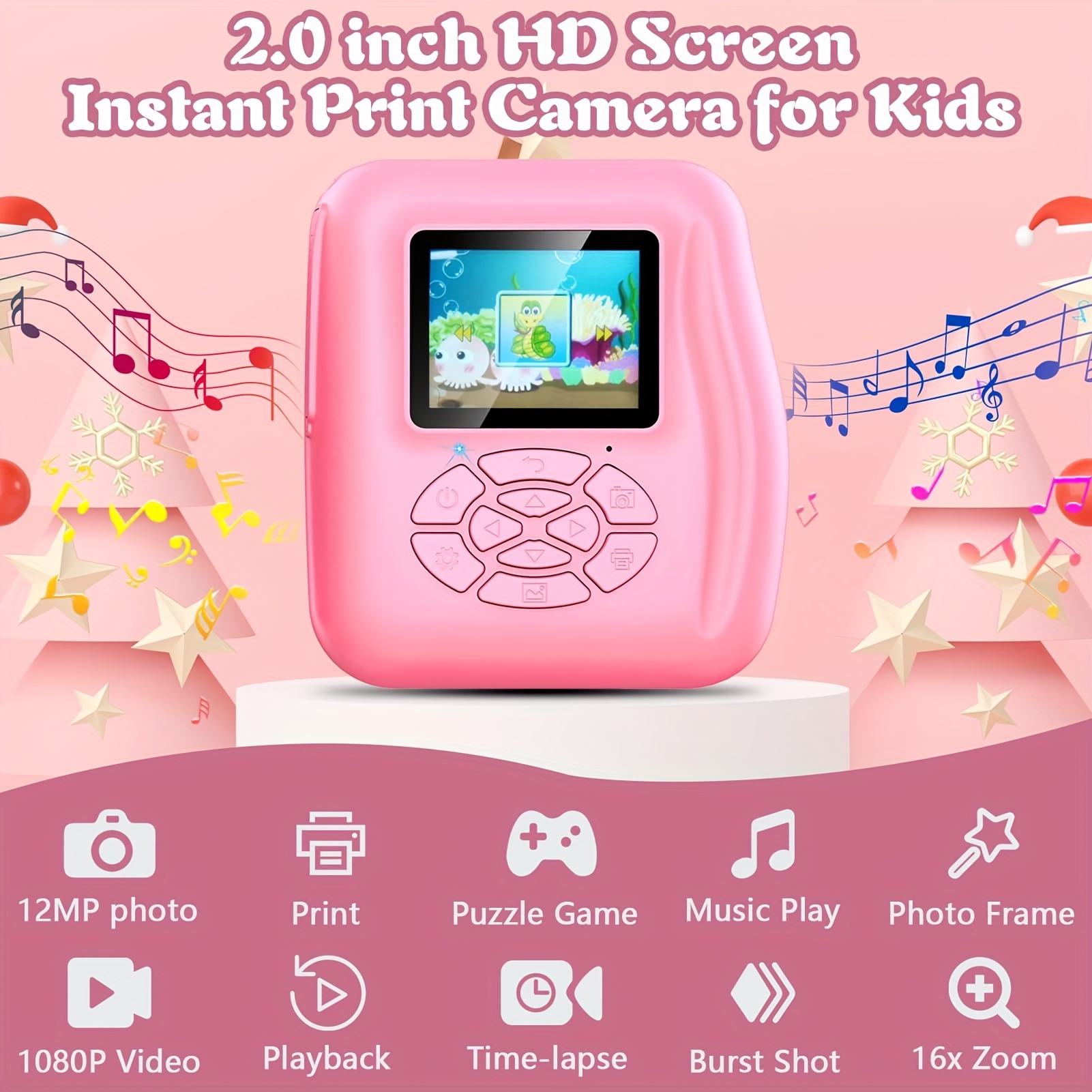 Appareil photo instantanée HD 12MP pour enfants - Rose - Appareil