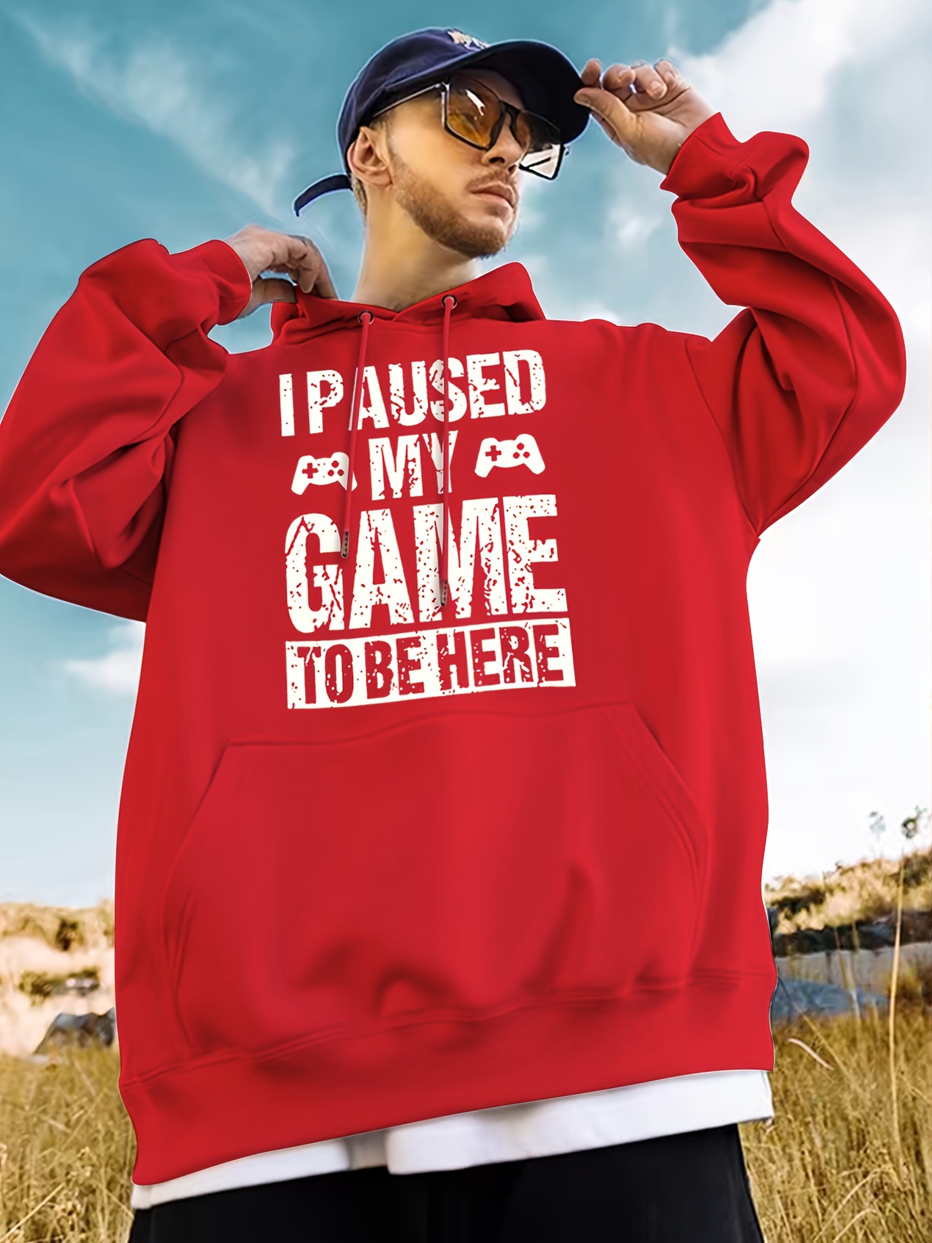 Mens Plus Size I Paused Game To Be Here Print Plain Color Drawstring Long  Sleeve Hoodie Oversize Casual Clothing For Spring Autumn For Big And Tall  Guys - Men's Big & Tall 