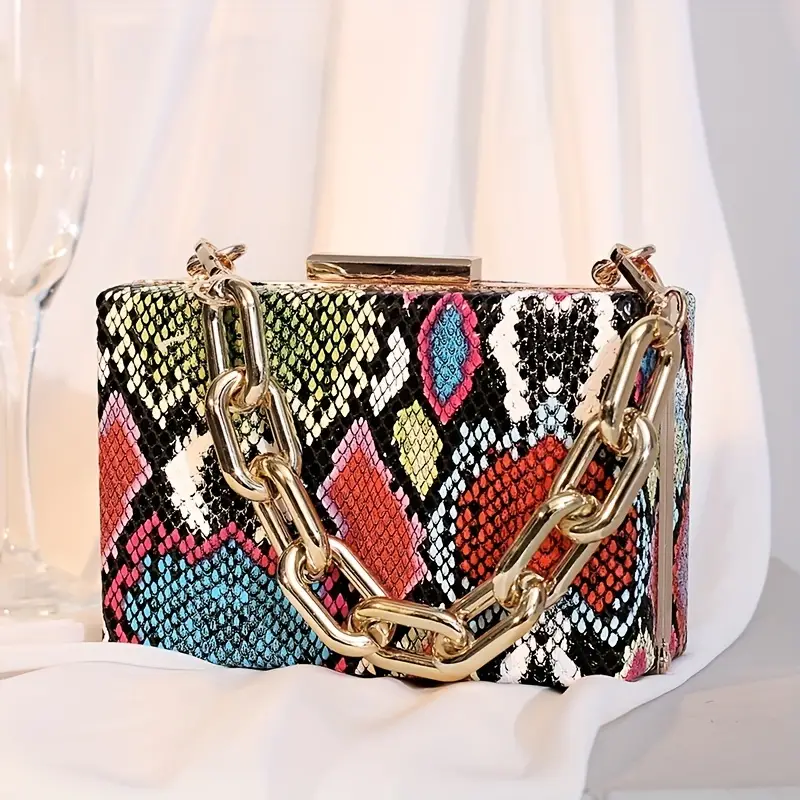 Colorful Snake Skin Pattern Square Box Bag, Elegant Niche Design Satchel Bag  With Acrylic Strap - Temu