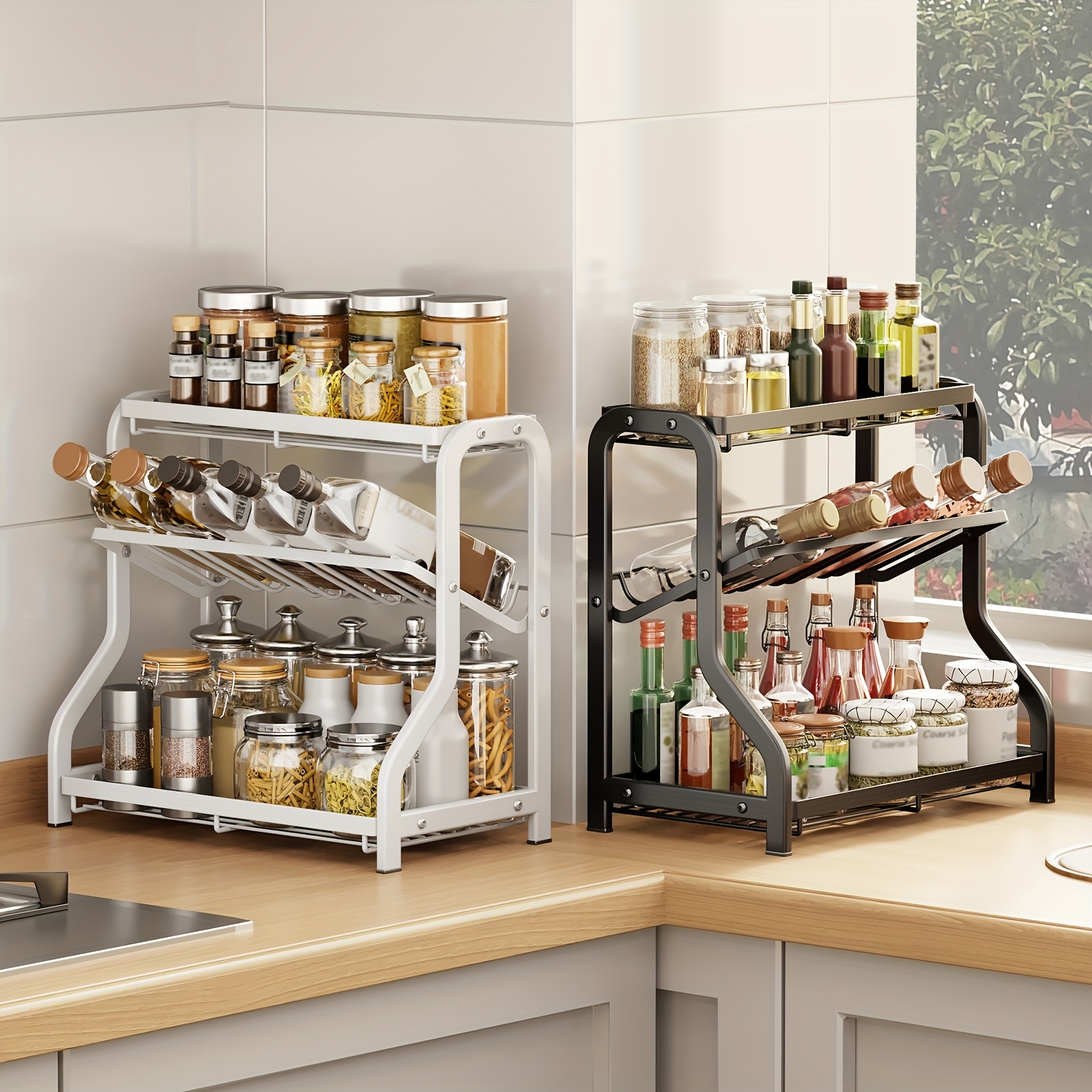 Generico Organizer Per Spezie Espandibile In Bambù Naturale - Mensola A 3 Ripiani, Larghezza Regolabile 30-50 Cm, Impilabile, Per Cucina, Dispensa, Bagno - Set Da 2 Pezzi
