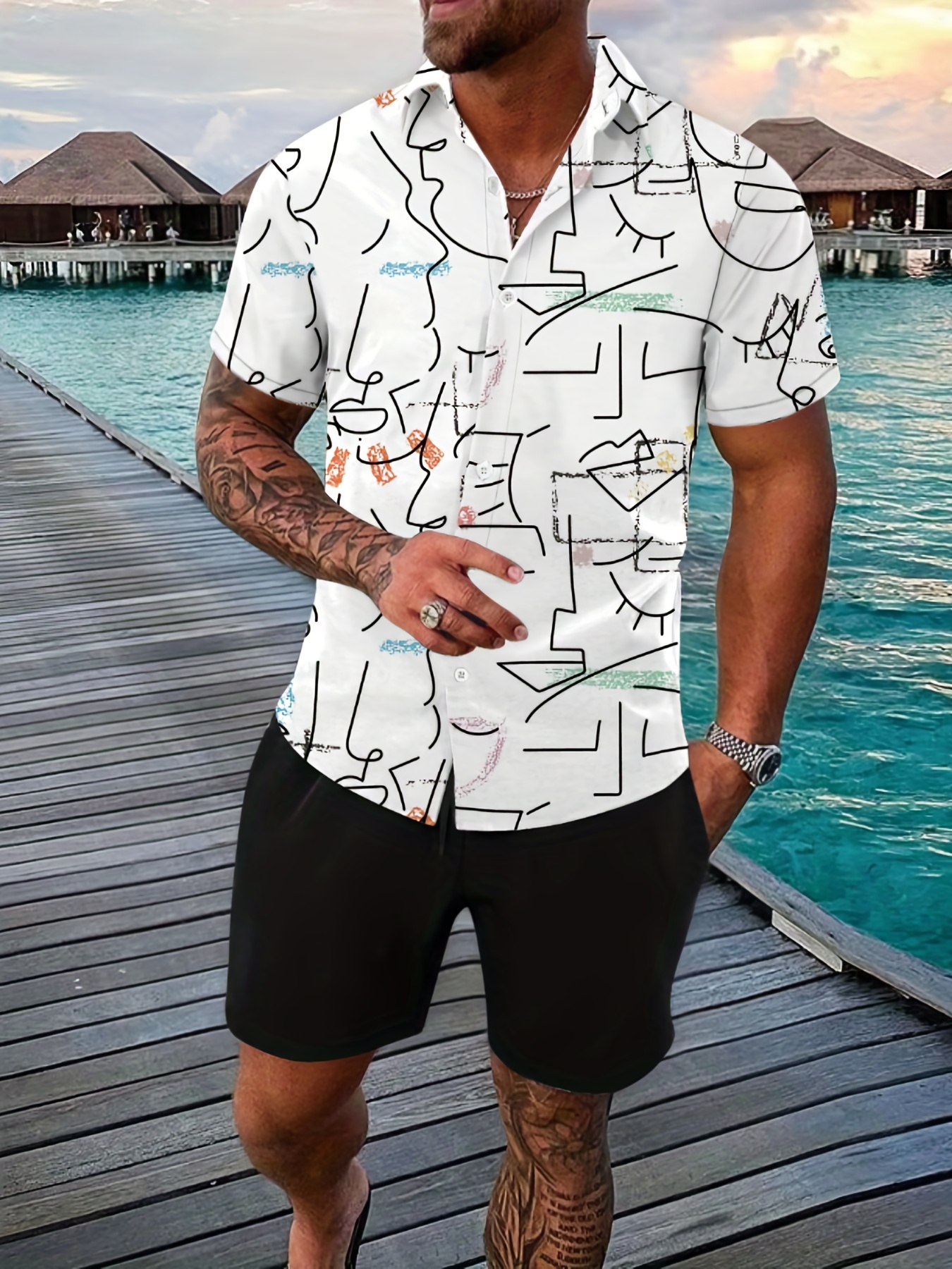 Casual Two-Piece Set For Summer Beach Resort, Men's Hawaii T-shirt & Beach  Shorts Matching Set For Summer