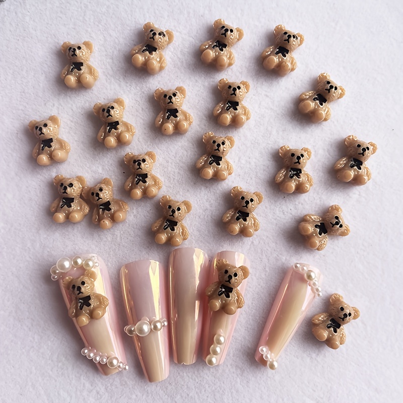 50pcs New Nail Charms 3d Cartoon Bear Bowknot Large Size Bow Tie Little Bear Transparent Khaki Nail Decorations