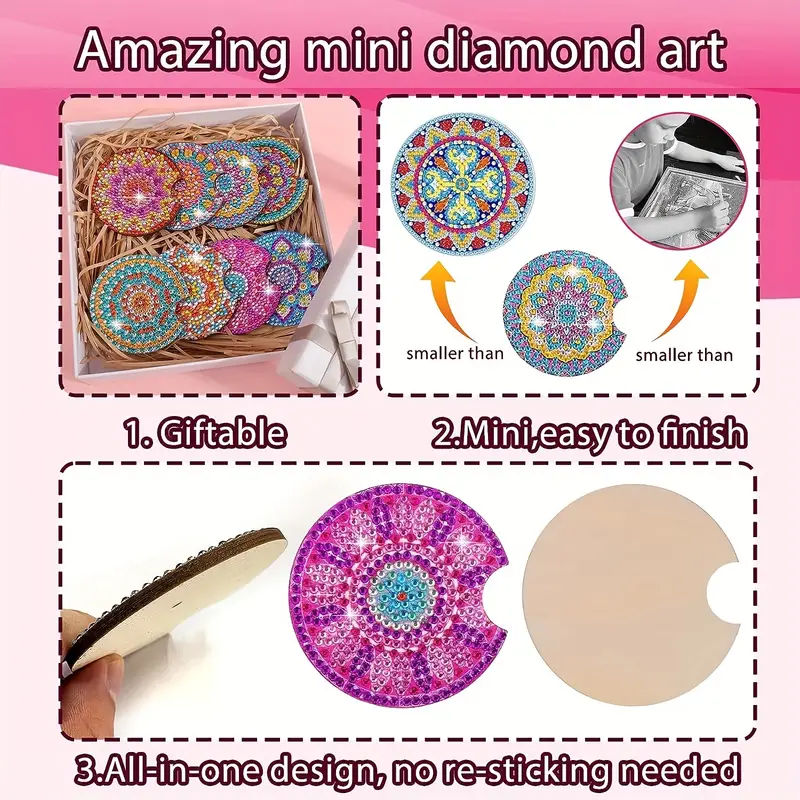 8 Pcs Diamond Art For Car Coasters, BSRESIN 2.8 Inches Diamond Painting  Coasters, Mandala Diamond Art Coasters Small Diamond Painting Kits  Supplies, D