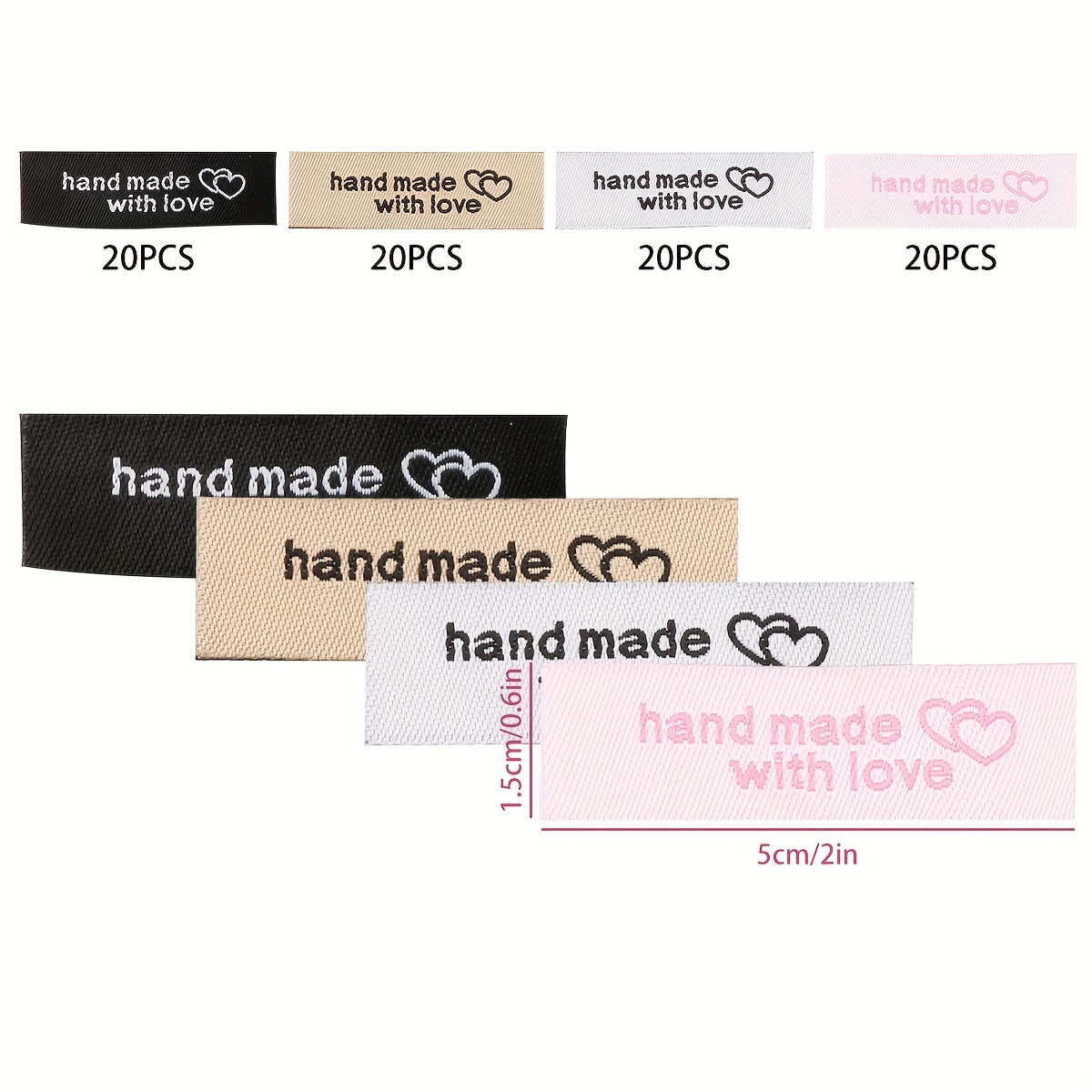 Fabric Labels 'Hand Made With Love' Sew On Craft Clothing Label Tags 65x15mm