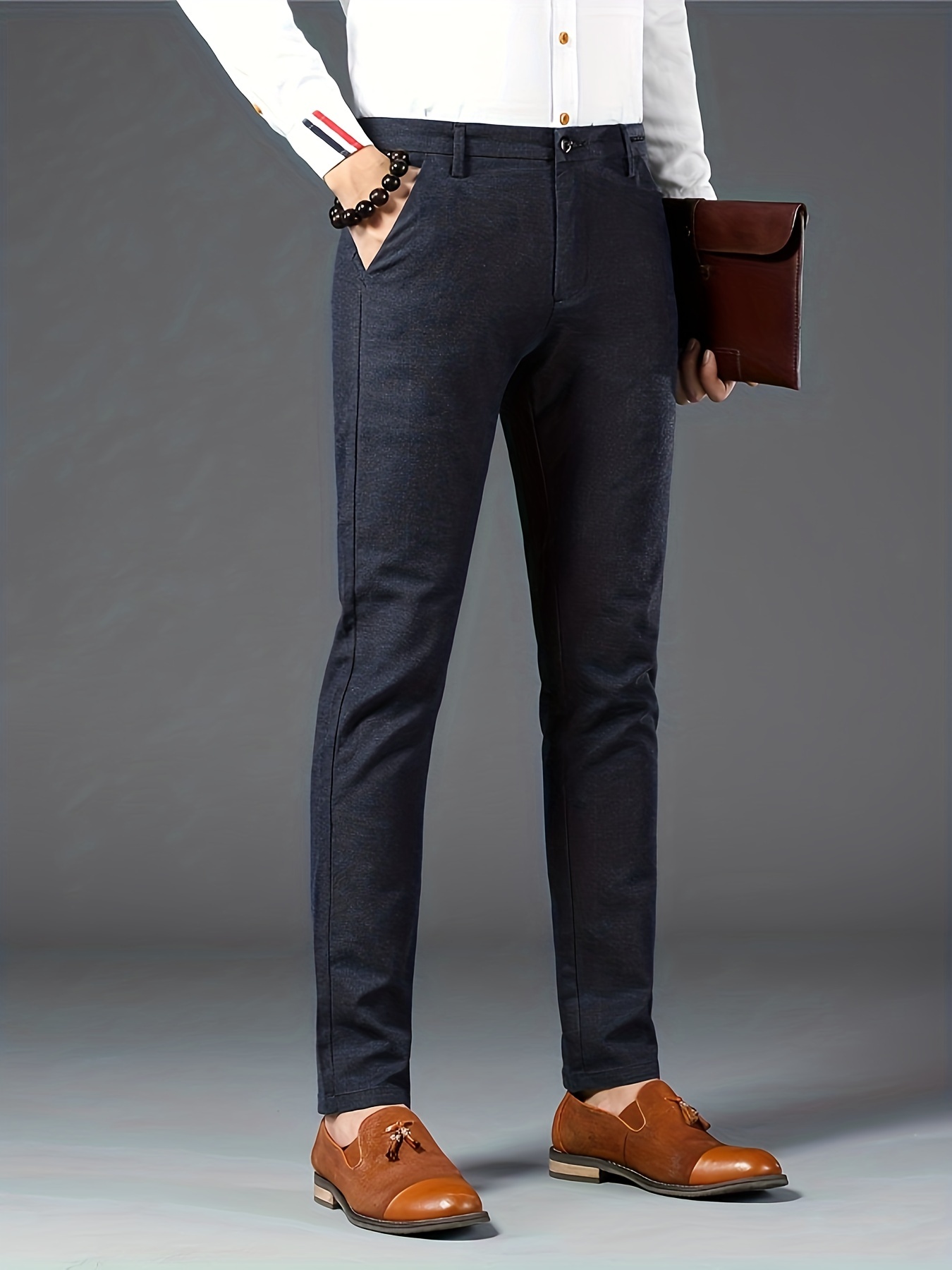 Slim Fit Elegant Slacks Men's Casual Vintage Style Slightly - Temu