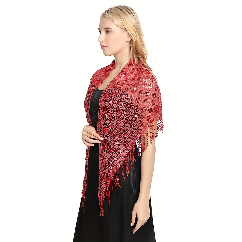 Sequin Decor Triangle Scarf Floral Hollow Out Solid Shawl