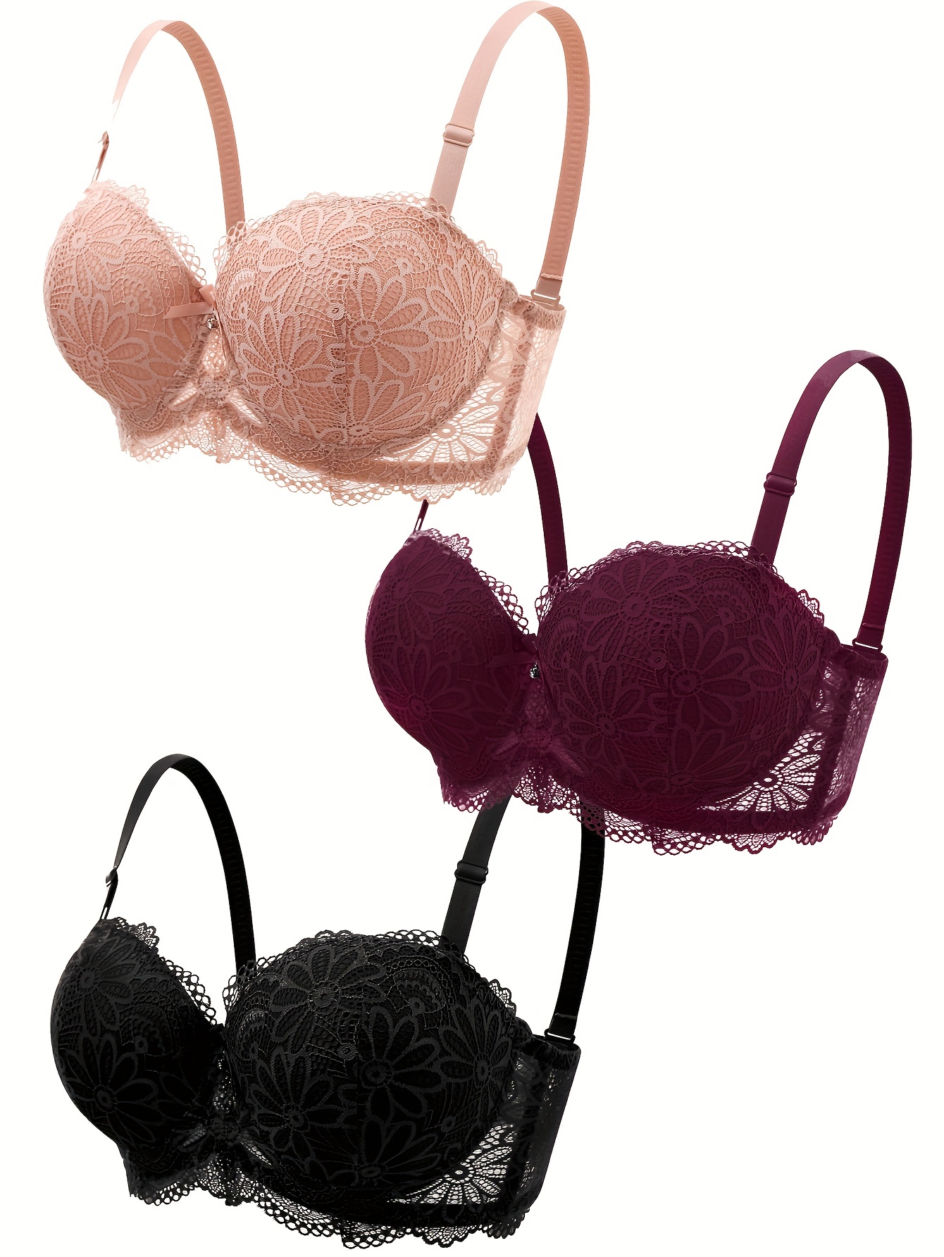3pcs Contrast Lace Push Up Bras, Elegant Rhinestone Straps Scallop Trim  Bra, Women's Lingerie & Underwear