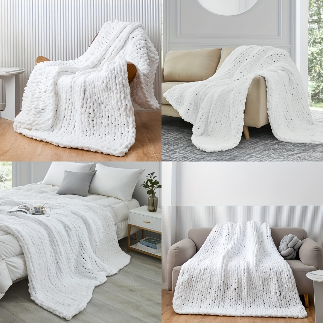Chunky Knit Blanket Throw Soft Chenille Yarn Knit Blanket for Bed Sofa Boho  Fluffy Thick Tightly Woven Throw Machine Washable (Color : White, Size 
