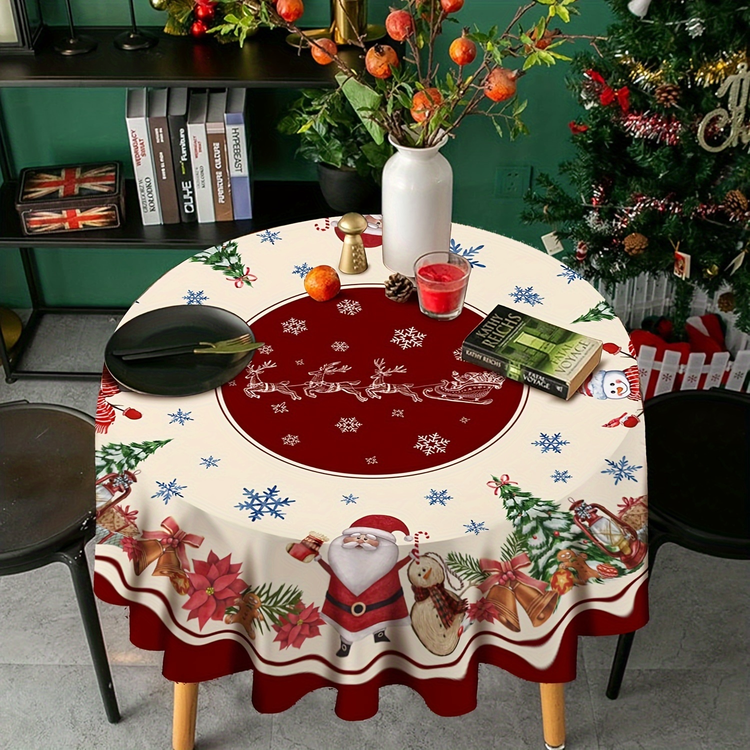 1pc, Polyester Tablecloth, Merry Christmas Theme Table Cover, Cartoon Style  Santa Claus Snowflake Pattern Table Cloth, Christmas Atmospheric Table Dec