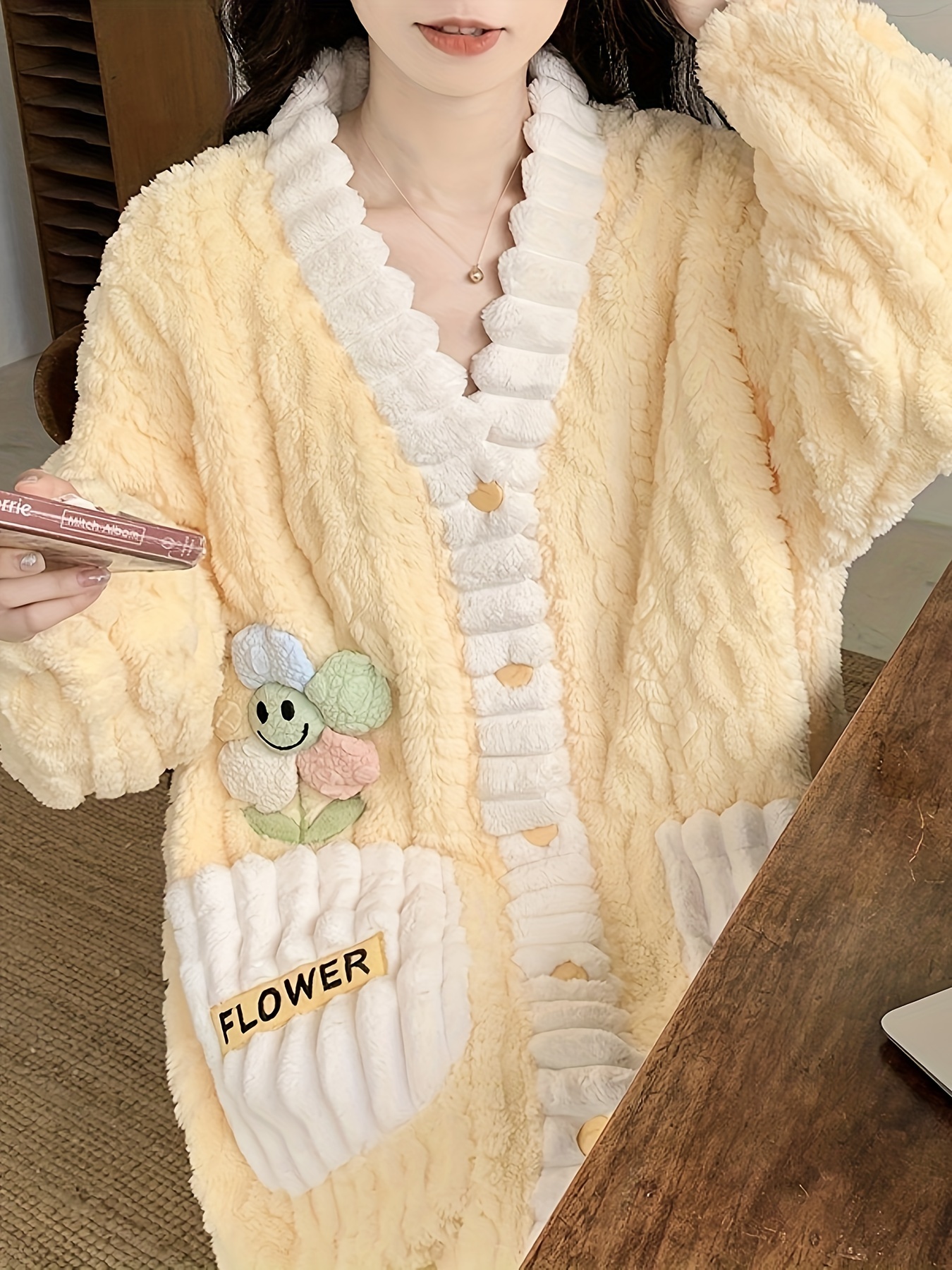 flower decor fuzzy night robe cute long sleeve v neck robe with pockets womens sleepwear details 10