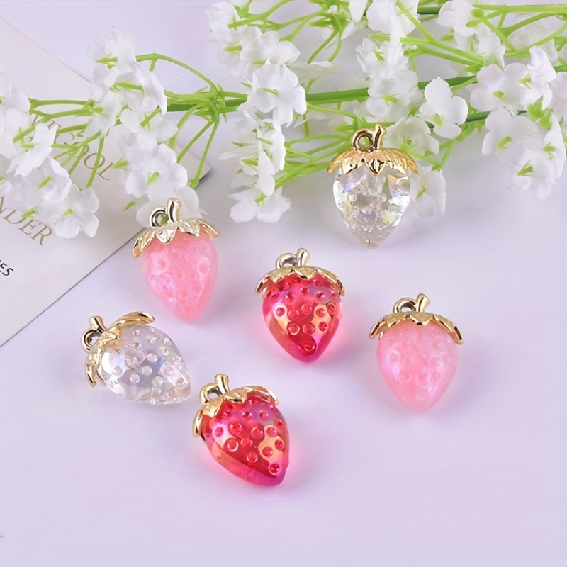 

6pcs Resin Strawberry Charms, Assorted Colors, Transparent Fruit Pendants For Making, Earrings, Necklaces, Crafts Accessories