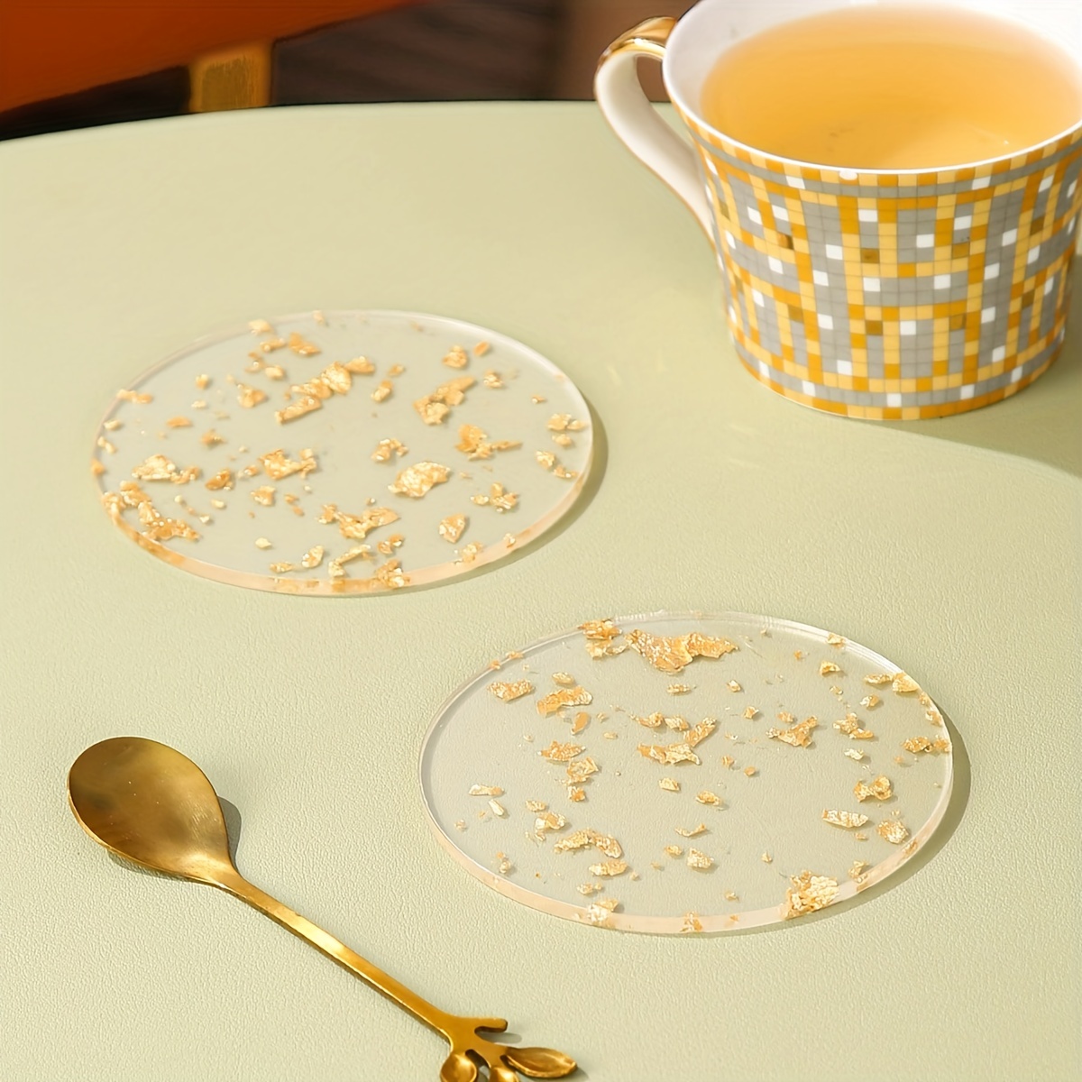 6pcs, Heat-Resistant Acrylic Coasters with Golden Foil Design - Transparent  and Washable Kitchen Supplies