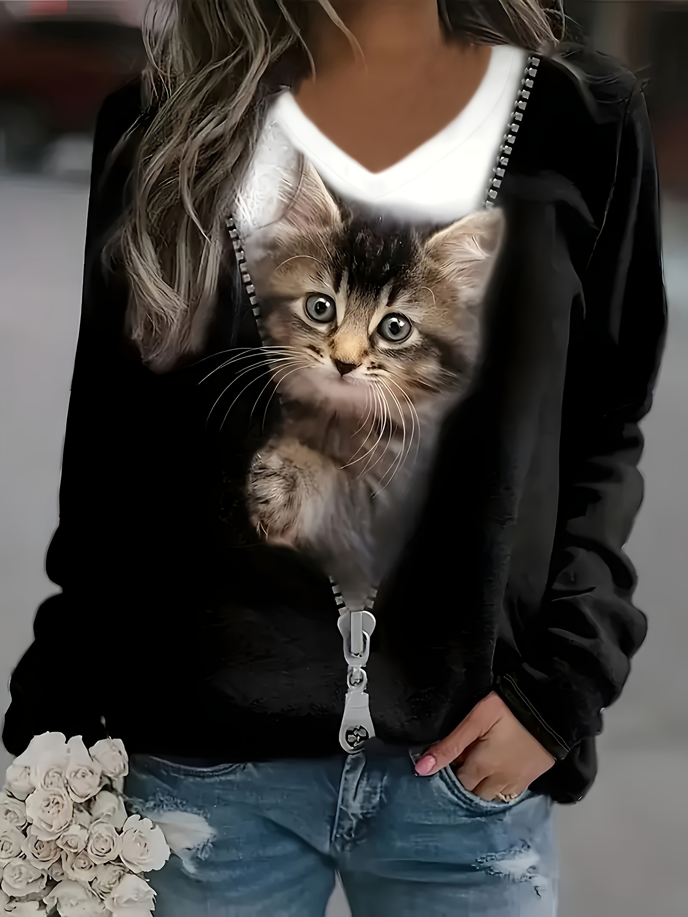 ★人気★SLOW ACID★WOMANS CAT PRINT SPAN TURTLE NECK T-SHIRT Cat Space Shirt|women's Cat Space Print Oversized T-shirt