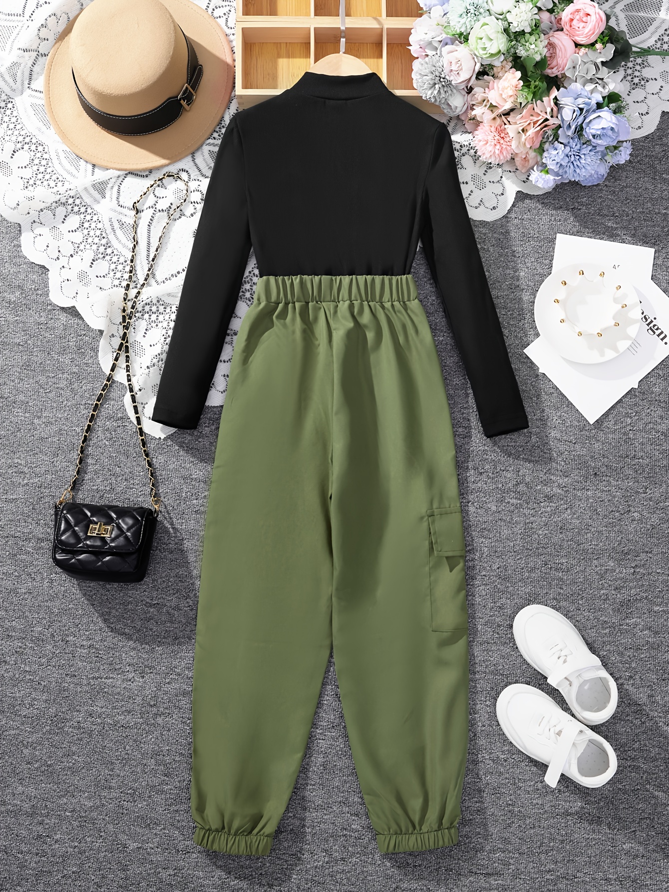 Girl's Chic Outfit Mock Neck Top Cargo Pants Set Kid's - Temu