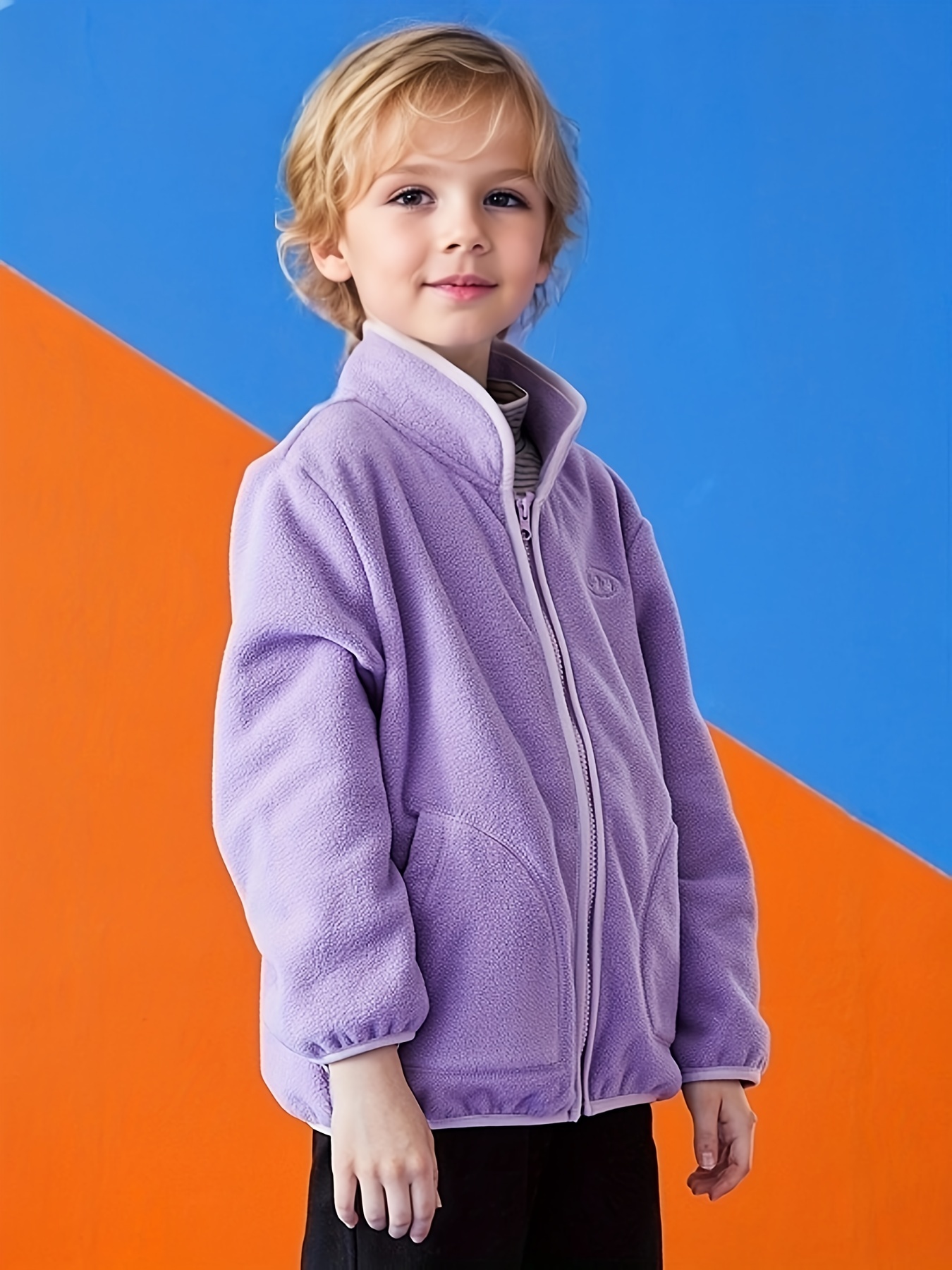 Boys Casual Non Stretch Stand Collar Polar Fleece Zip Up - Temu