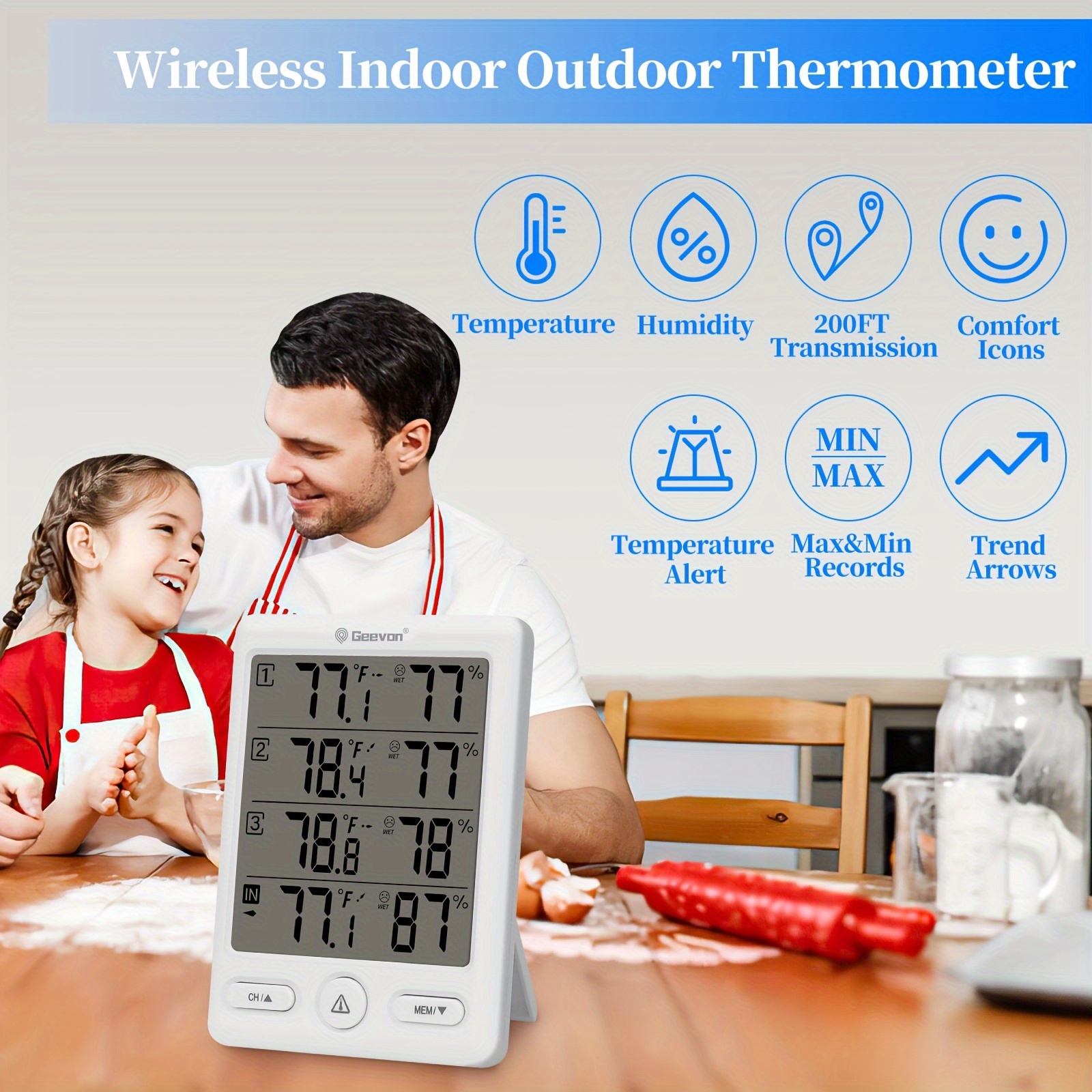 Indoor Outdoor Thermometer, Wireless Temperature Humidity Monitor with 3  Sensor